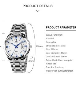 FOURRON Quartz Business Watch For Men with Luminous Calendar Roman Numerals Dial Stainless Steel Strap - Image 2