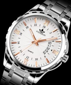 FOURRON Quartz Business Watch For Men with Luminous Calendar Roman Numerals Dial Stainless Steel Strap - Image 3